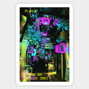 Osaka Japan Alley with Asian Paper Lanterns Vaporwave Glitch Art Sticker